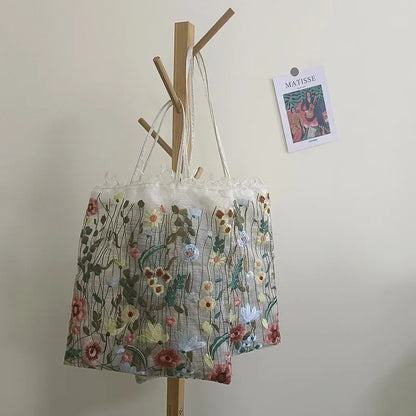 Floral Embroidery Mesh Tote Bag – Clear Shoulder Handbag