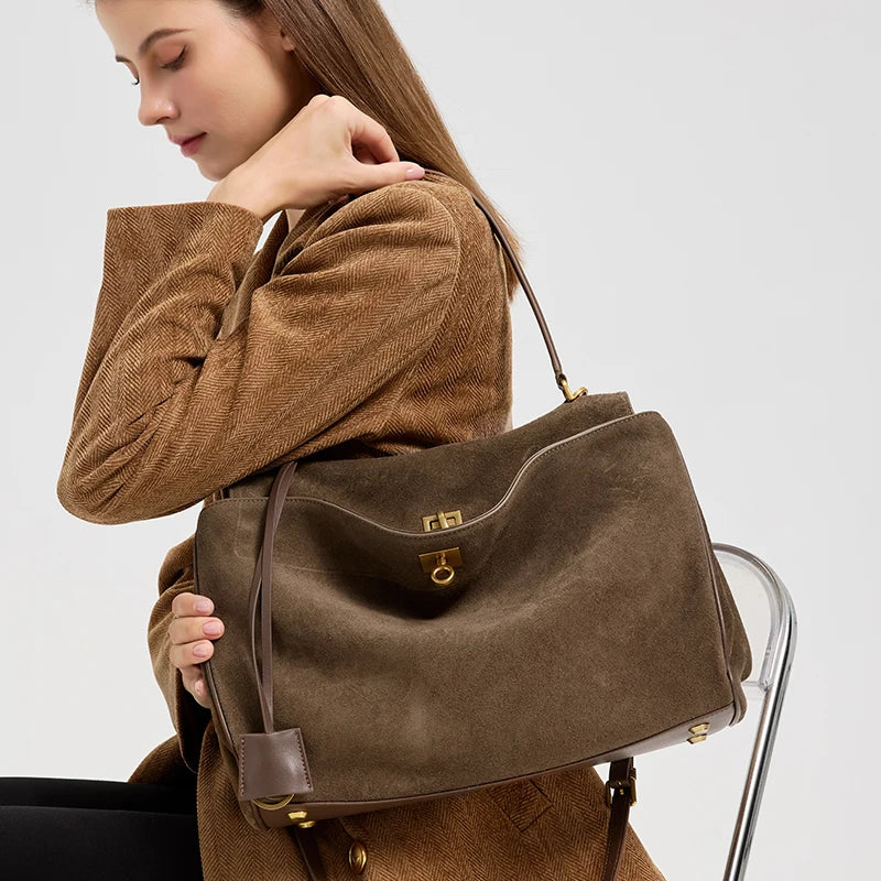 Suede Genuine Leather Tote Bag for Women – Large Capacity Shoulder Handbag