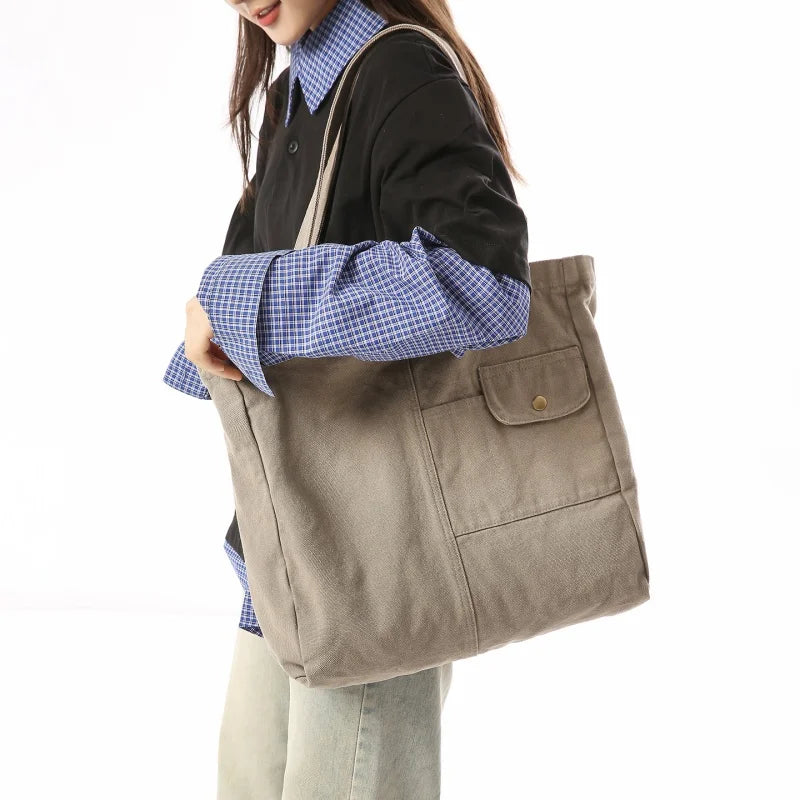 Large Canvas Tote Bag – Multi-Pocket Shoulder Bag for School & Travel
