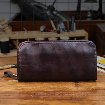 Genuine Leather Long Wallet – Vintage Zipper Clutch for Men & Women