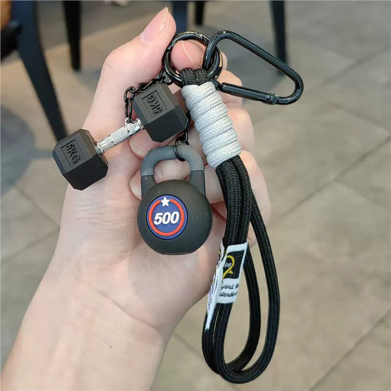 Barbell Keychain Charm – Gym Dumbbell & Kettlebell Keyring