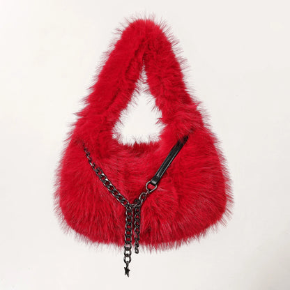 Fluffy Plush Shoulder Bag - Luxury Metal Chain Handbag for Women