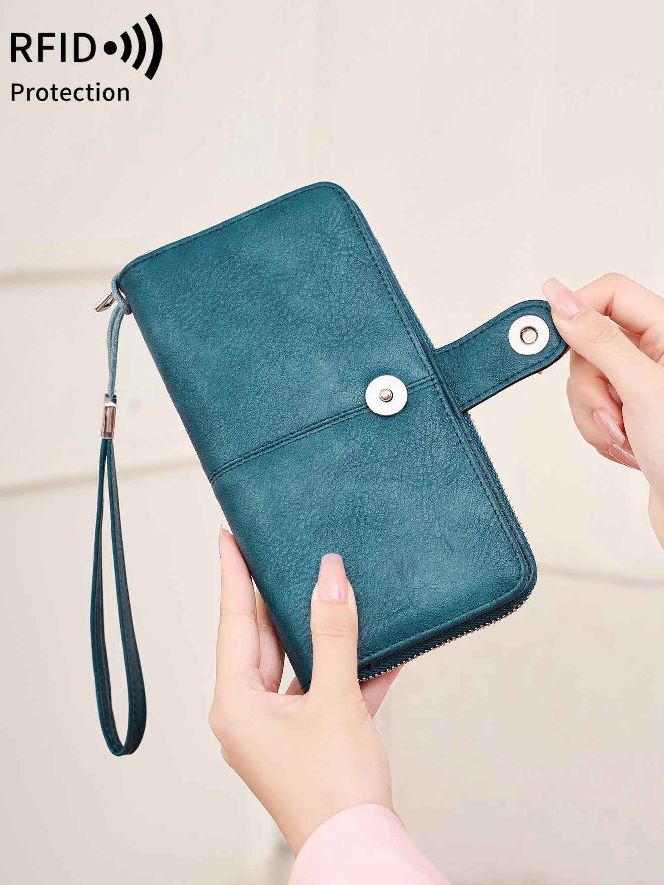 RFID Blocking Women's Long Wallet with Wrist Strap