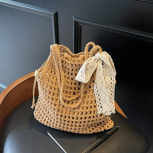 Crochet Tote Bag with Lace Bow – Large Boho Beach Bag