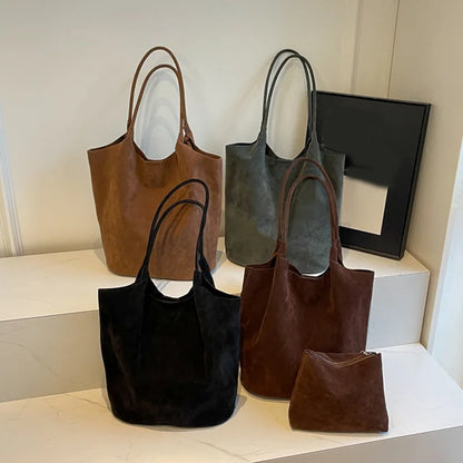 Suede Tote Bag – Women's Retro Large Shoulder Bag with Pouch