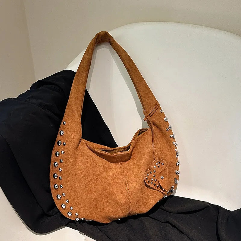 Rivet Studded Hobo Shoulder Bag – Women's Half Moon Tote