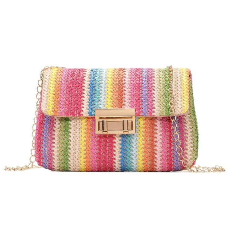 Rainbow Stripe Straw Crossbody Bag for Women – Chain Flap Handbag
