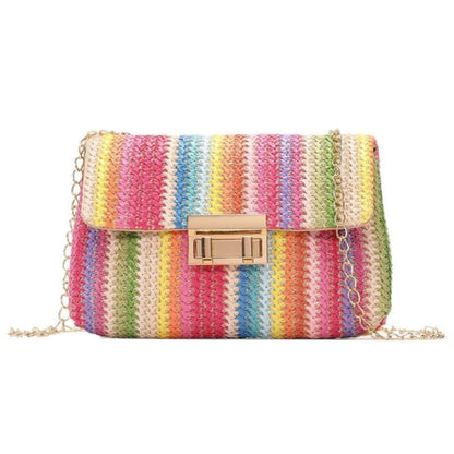 Rainbow Stripe Straw Crossbody Bag for Women – Chain Flap Handbag
