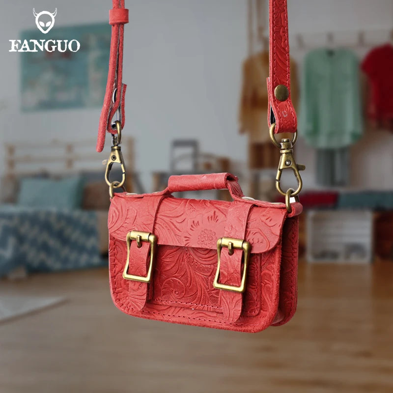 Genuine Leather Mini Crossbody Bag – Floral Embossed Satchel for Women