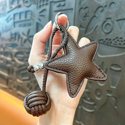 Star Leather Keychain Bag Charm with Woven Ball
