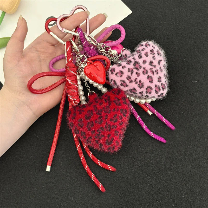 Leopard Heart Plush Keychain – Y2K Charm Bag Pendant for Women