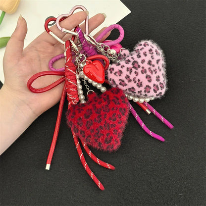 Leopard Heart Plush Keychain – Y2K Charm Bag Pendant for Women