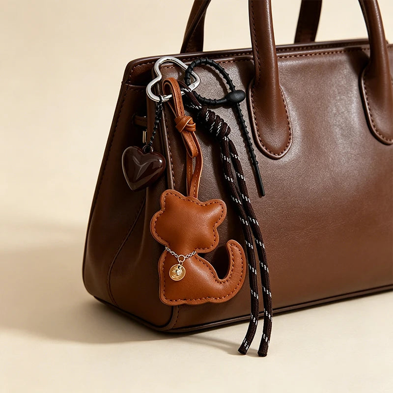 Cat Keychain – Cute Leather Cat & Heart Bag Charm with Tassel