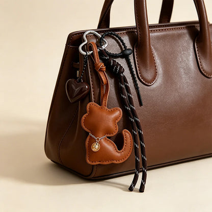 Cat Keychain – Cute Leather Cat & Heart Bag Charm with Tassel