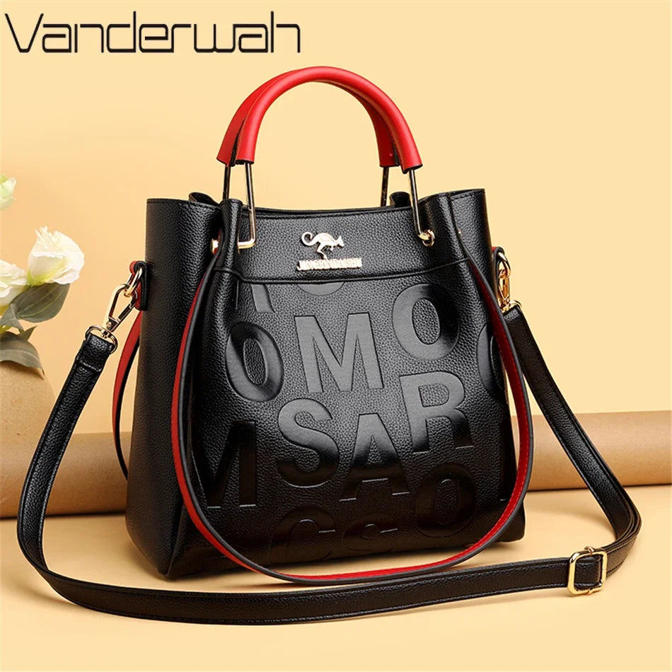 Letter-Embossed PU Leather Women's Handbag – 3-Layer Luxury Tote