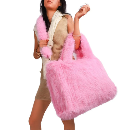 Winter Women S Furry Tote Handbags Large Capacity Commuter Ladies Faux Fur Shoulder Bag Soft Plush