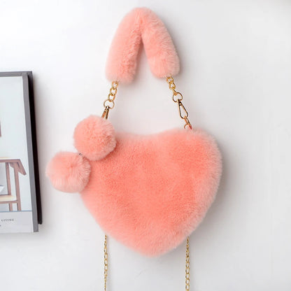 Heart-Shaped Plush Purse – Cute Fluffy Crossbody Bag for Women