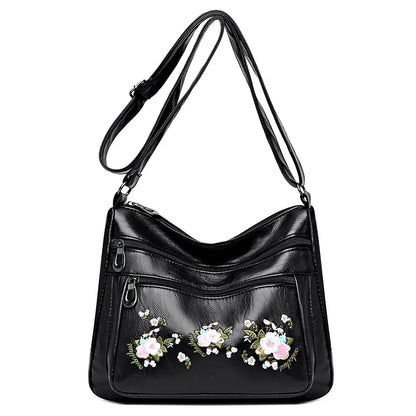 Flower Embroidery Crossbody Bag for Women – Luxury Multi-Pocket PU Leather Handbag