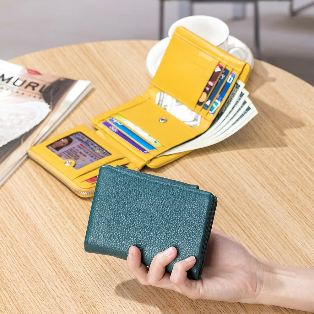 Genuine Cowhide Leather Trifold Wallet with Zipper Coin Pocket