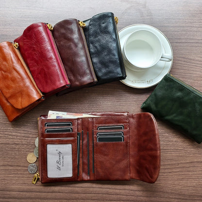 Genuine Leather RFID Wallet – Vintage Flap-Over Multi-Pocket Purse