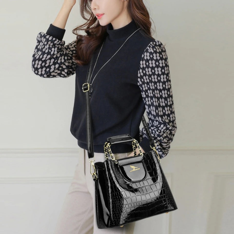 Luxury PU Leather Handbag for Women – 3-Layer Tote, Shoulder & Crossbody Bag
