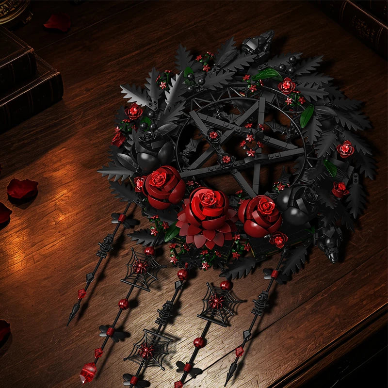 Gothic Black Rose Wreath MOC Building Blocks – 1300pcs Botanical Wall Decor