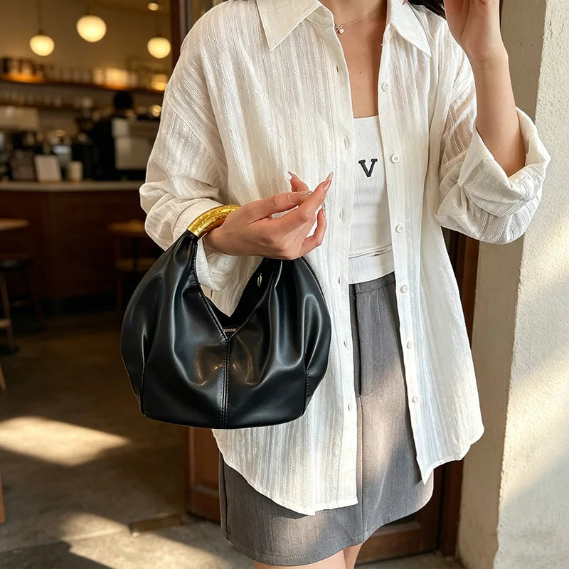 Moods Retro Gold Ring Handle Women Hobo Bag Soft Vegan Leather Shoulder Crossbody Purse Elegant
