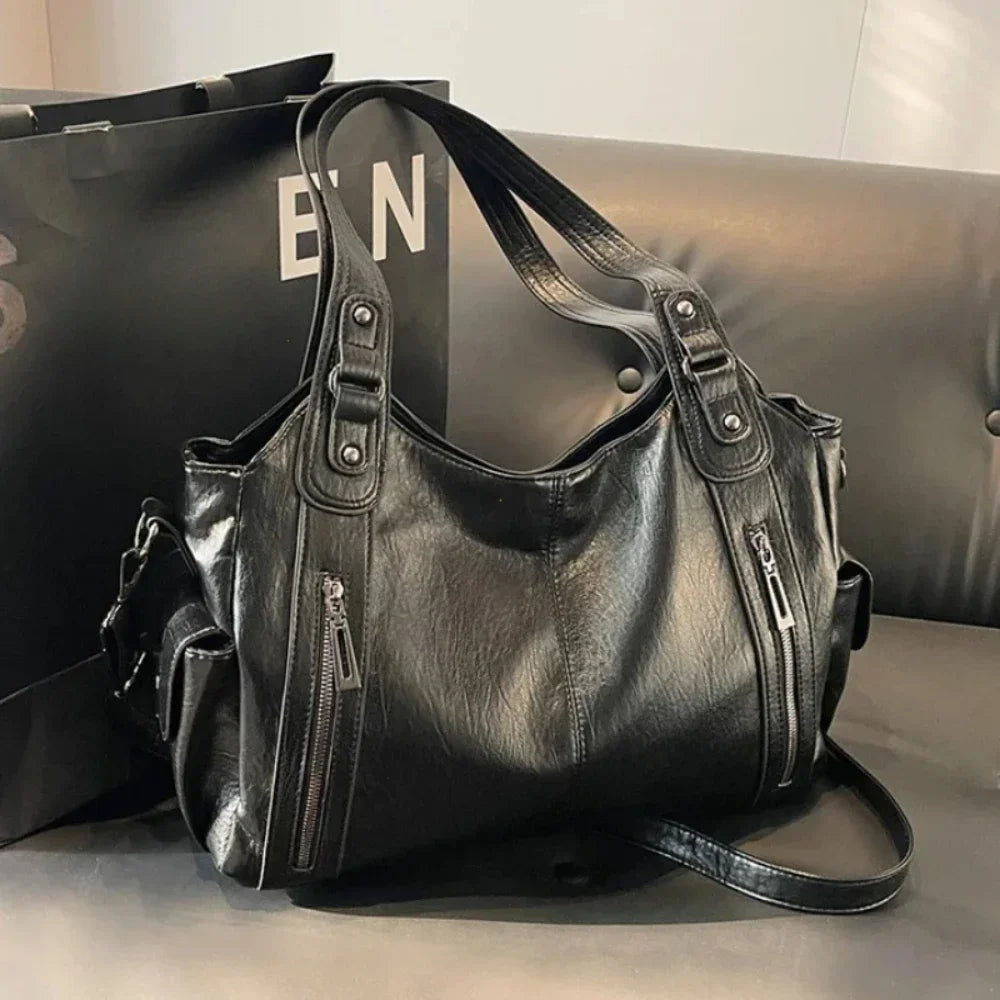 Women's PU Leather Shoulder Bag with Zipper Pockets