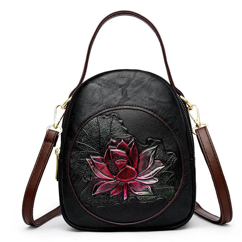 Lotus Embossed Leather Crossbody Bag – Mini Vintage Shoulder Bag