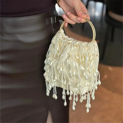 Pearl Beaded Fringe Evening Bag – Luxury Satin Handbag for Wedding & Party