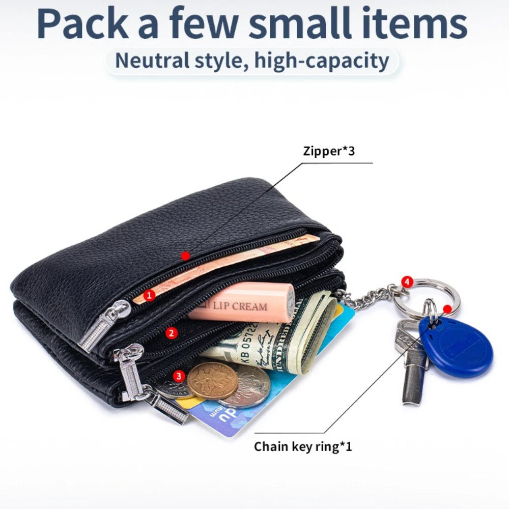 Genuine Leather Coin Purse Mini Wallet with Key Ring for Women