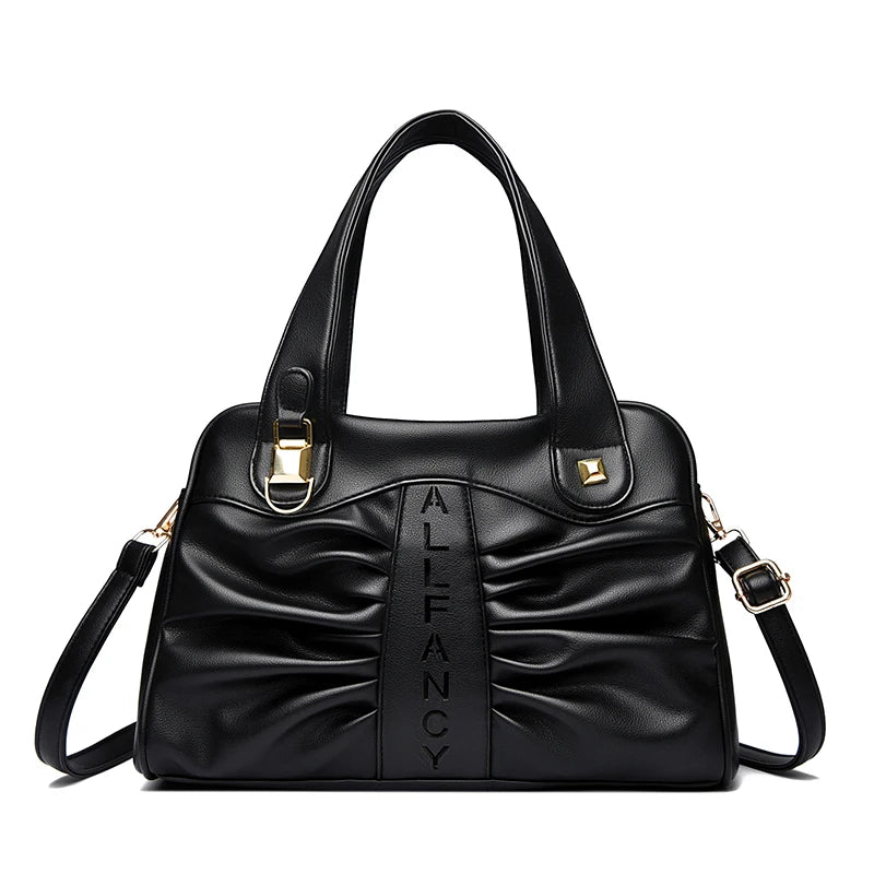 Ruched Vegan Leather Handbag with Top Handle & Crossbody Strap