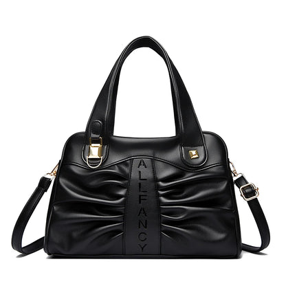 Ruched Vegan Leather Handbag with Top Handle & Crossbody Strap