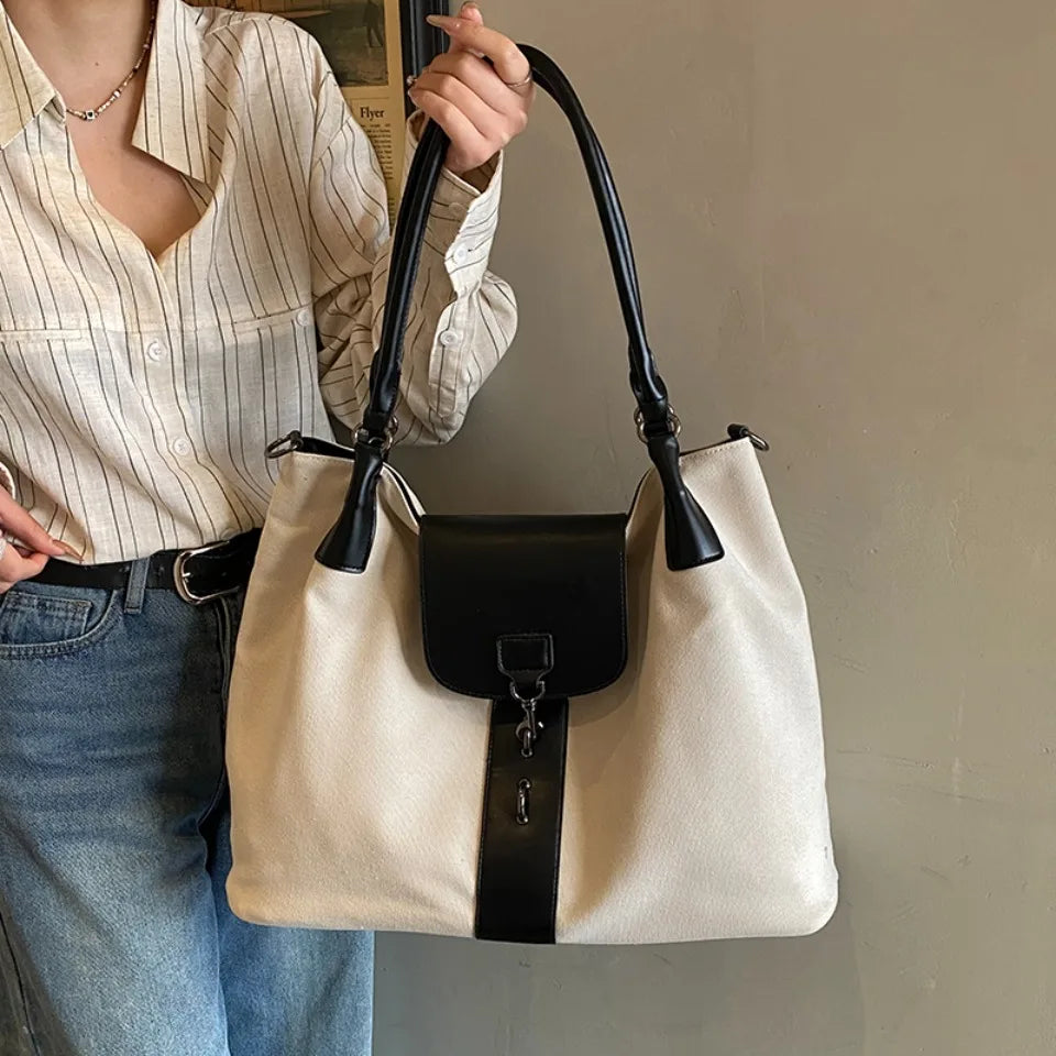 Canvas & PU Leather Tote Bag – Large Capacity Work & Travel Handbag