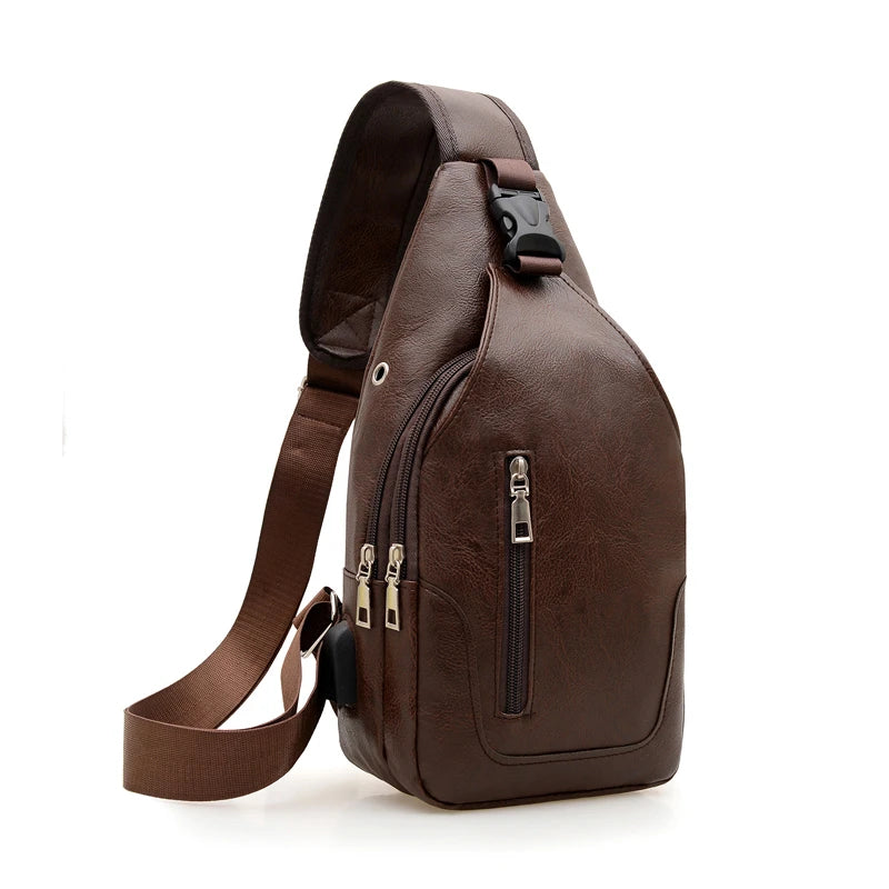 Men's PU Leather Chest Bag with USB Charging Port