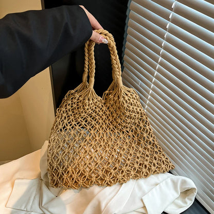 Boho Woven Tote Bag – Handmade Hollow Knit Beach Handbag