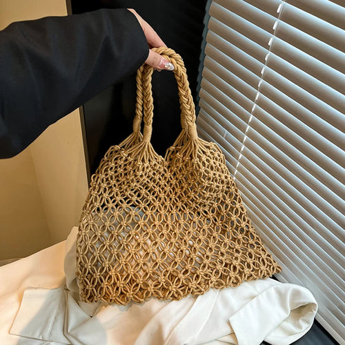 Boho Woven Tote Bag – Handmade Hollow Knit Beach Handbag