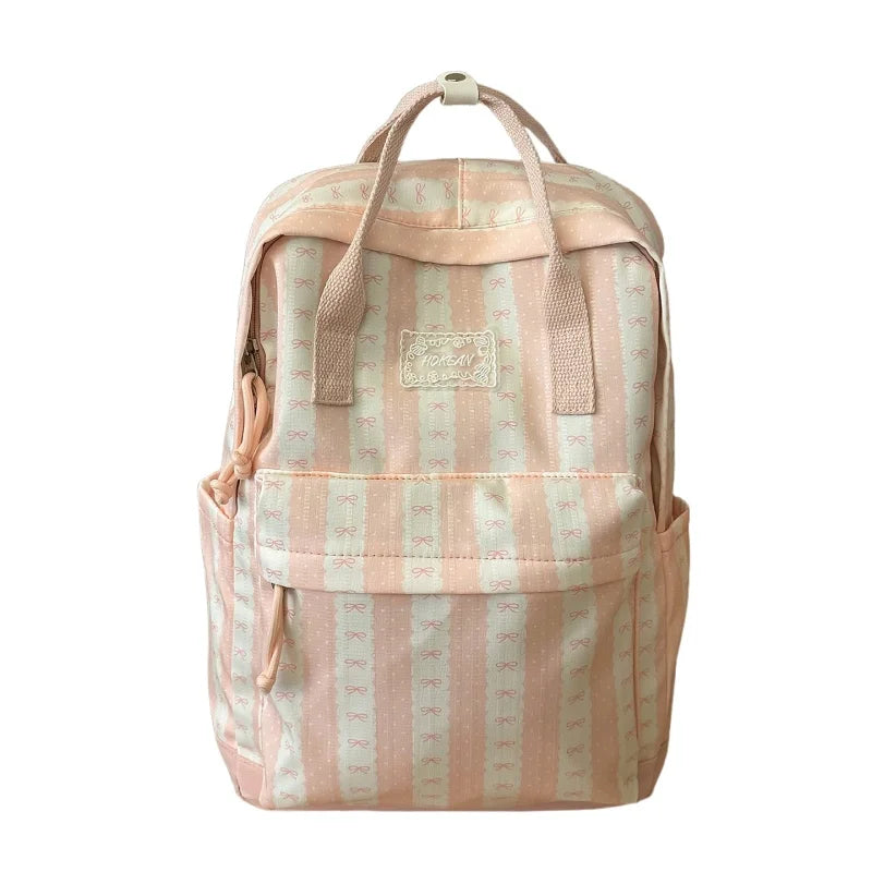 Cute Bow Print Striped Backpack – Lightweight School Bag for Women