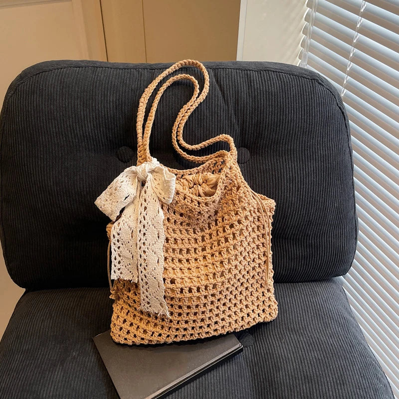 Crochet Tote Bag with Lace Bow – Large Boho Beach Bag