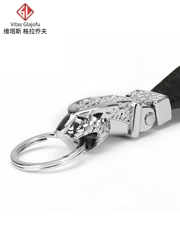 Men's Genuine Leather Keychain with Tiger Head Alloy Clasp