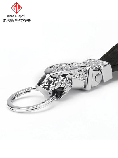 Men's Genuine Leather Keychain with Tiger Head Alloy Clasp