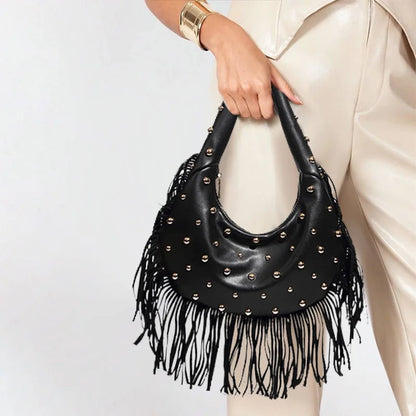 Fringe & Rivet Leather Shoulder Bag – Boho Crossbody Hobo