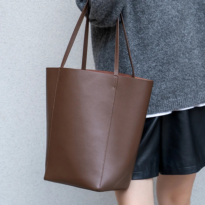 Genuine Leather Bucket Tote Bag for Women – Minimalist Large Capacity Shoulder Bag