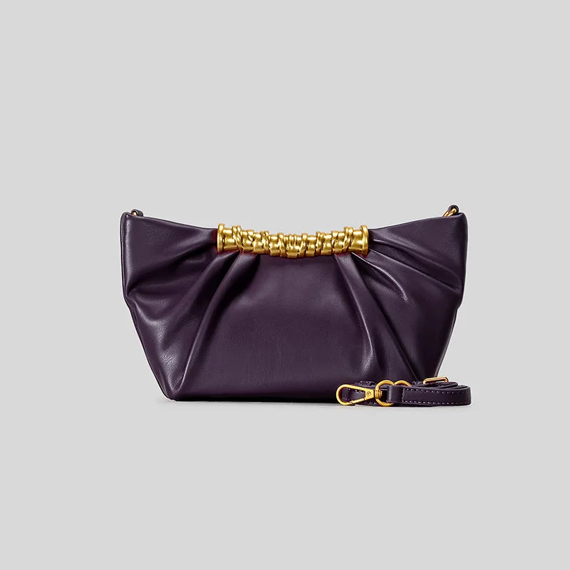 Elegant Ruched Hobos Clucth Bag Luxury Designer Metal Handle Women Handbags Soft Pu Leather Shoulder