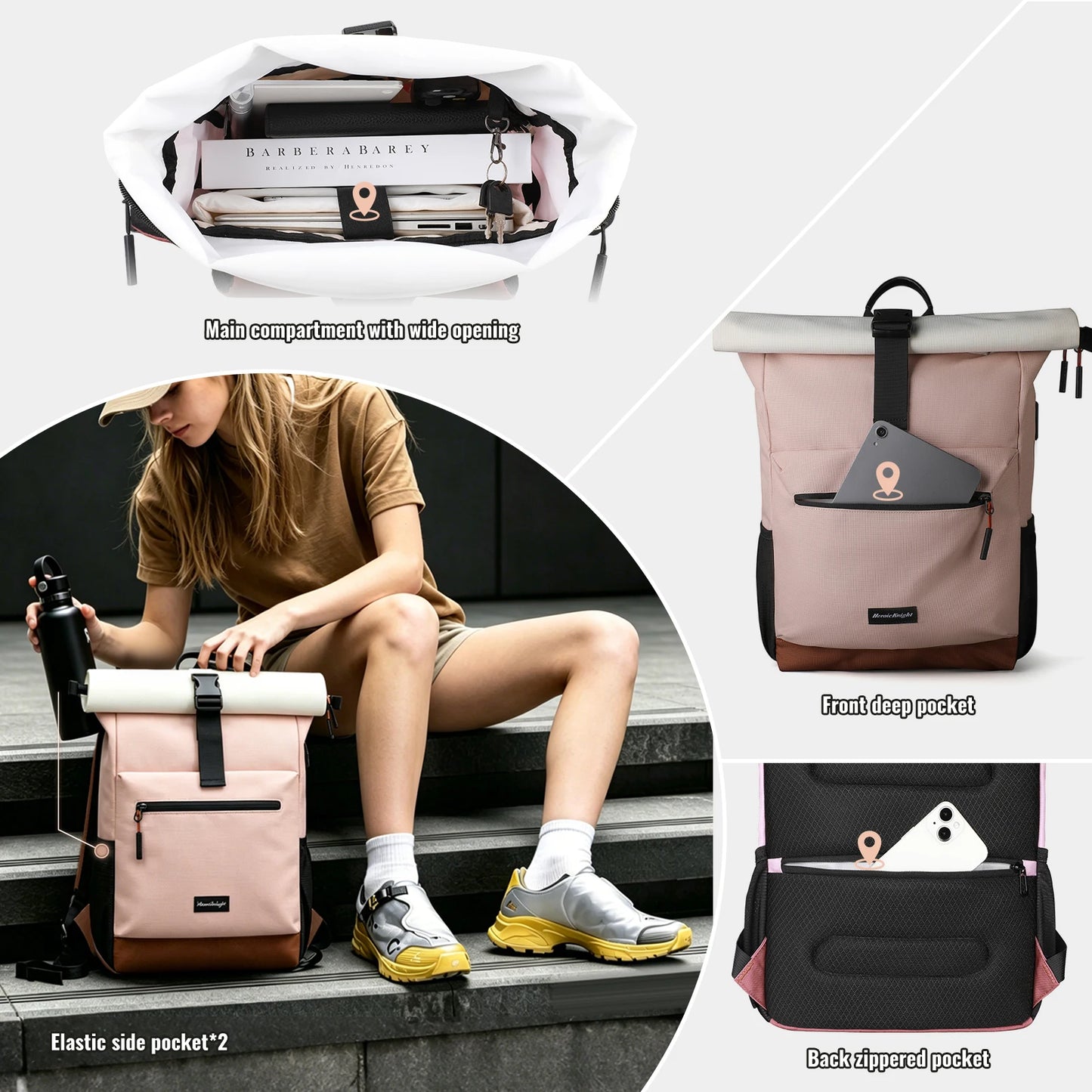 Roll-Top Laptop Backpack for Women, Waterproof Travel Bag with USB Port