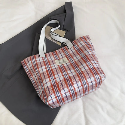 Color Block Plaid Weave Tote Bag Large Capacity Durable Shoulder Multifunctional Woven Mom