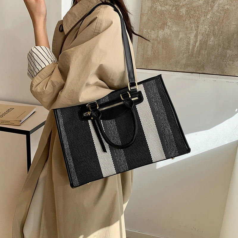 Moods Classic Striped Shoulder Tote Bags Women Large Capacity Shopping Top-Handle Bag Luxury