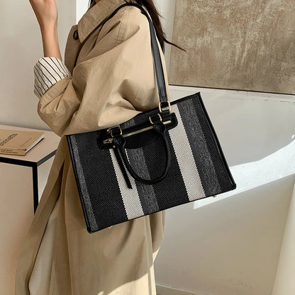 Moods Classic Striped Shoulder Tote Bags Women Large Capacity Shopping Top-Handle Bag Luxury