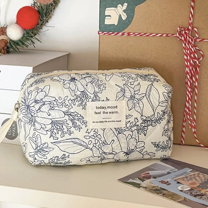 Quilted Floral Cotton Makeup Bag with Zipper