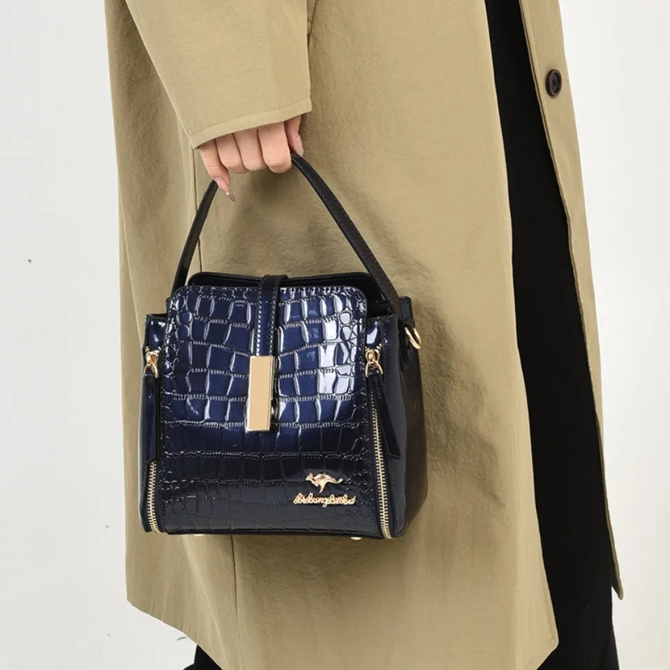 Crocodile Embossed Patent Leather Bucket Bag